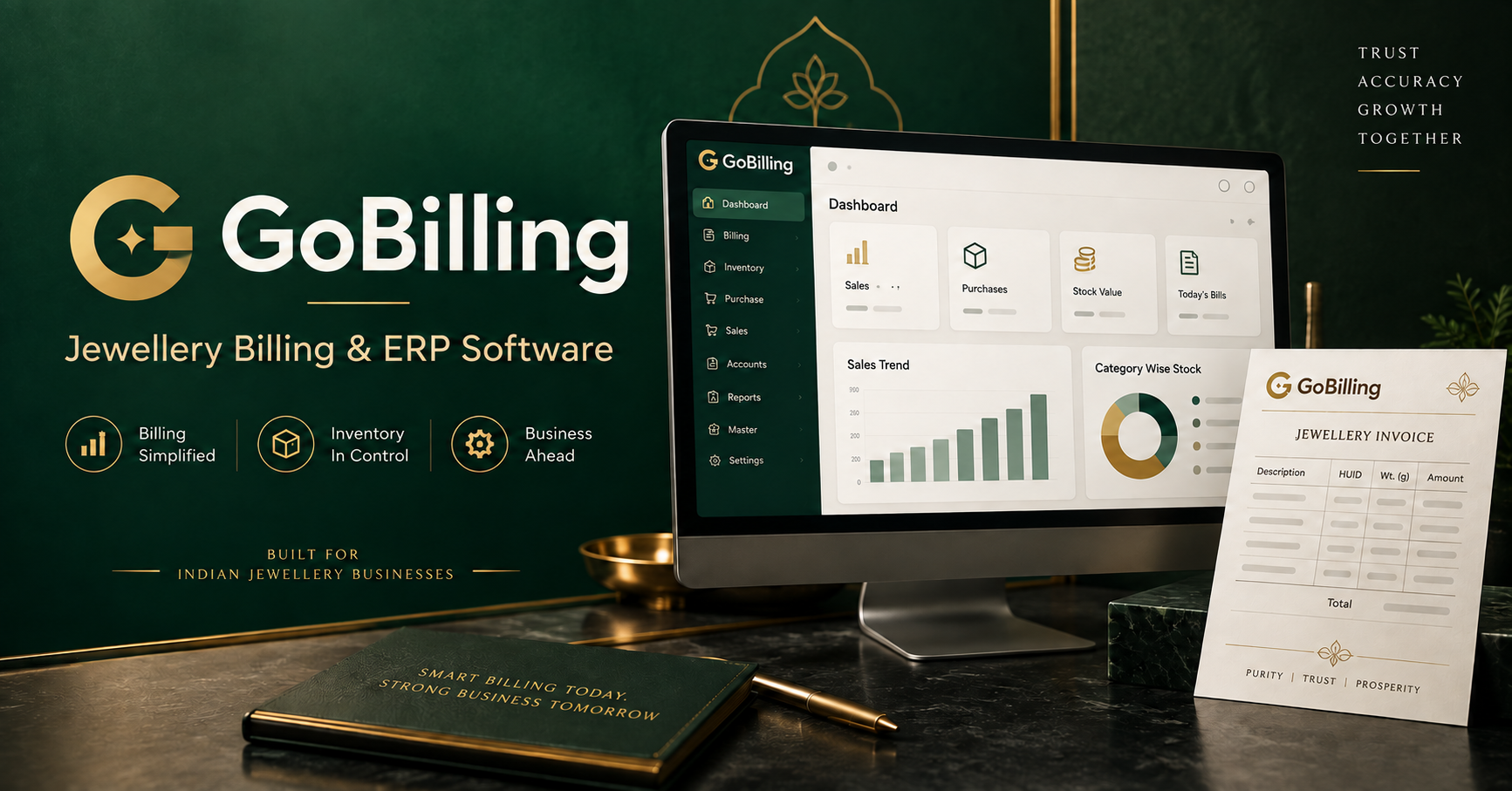 GoBilling jewellery billing and ERP software shown in a premium jewellery shop setting with dashboard, invoice and diary